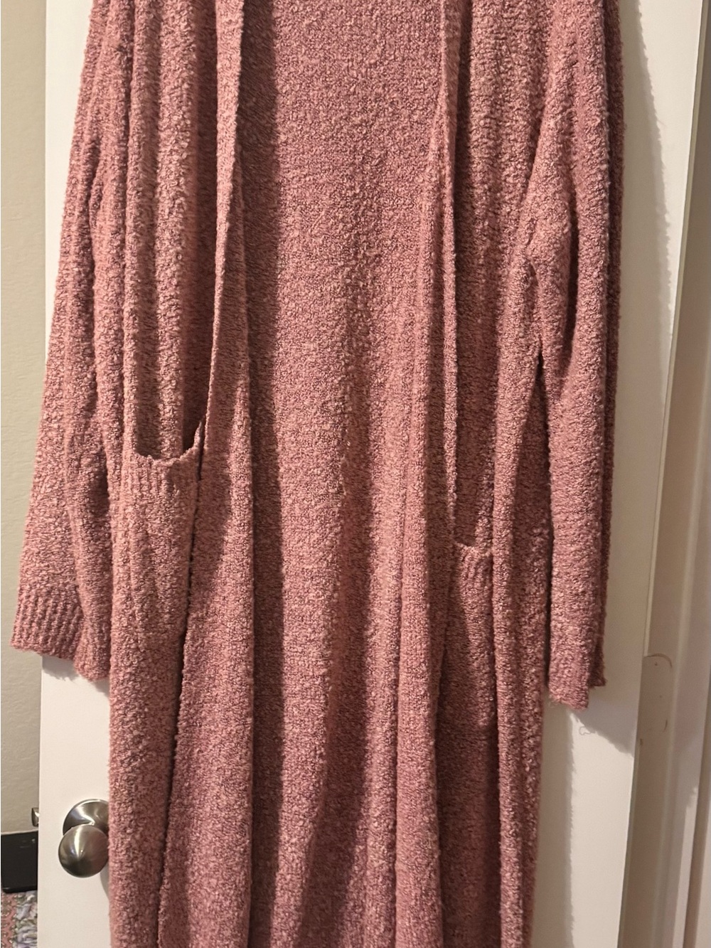 Ashley Stewart Long Open-Front Cardigan in Dusty Rose Pink